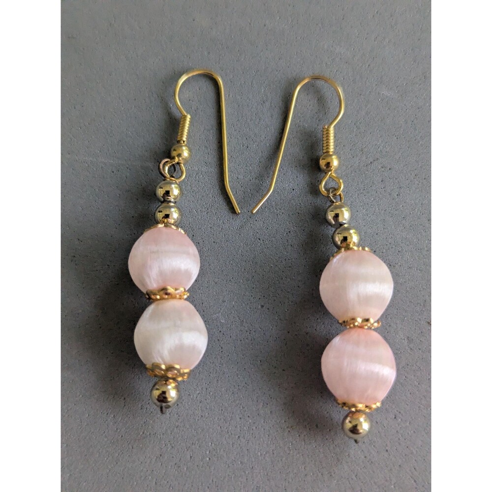 Vintage Silk Thread Wrapped Bead Dangle Earrings Blush Pink Boho Textile Jewelry
